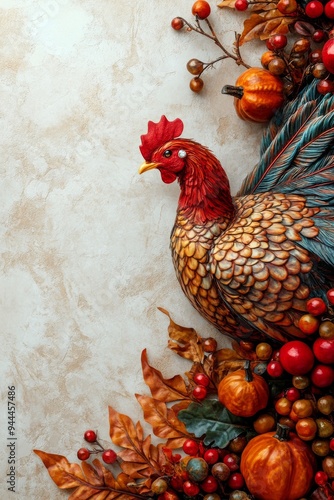 Colorful autumn harvest display with pumpkins, apples, and vibrant foliage on...