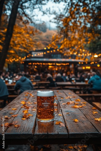 A cozy outdoor beer garden filled with autumn foliage and festive lights duri...