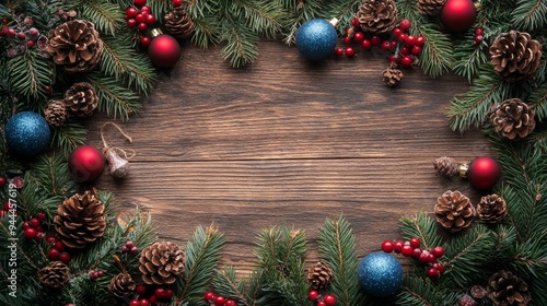 Festive arrangement of pinecones and berries on a textured dark surface for h...