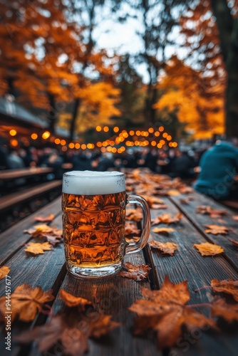 A cozy outdoor beer garden filled with autumn foliage and festive lights duri...