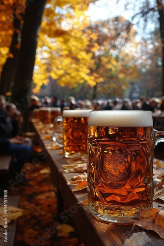 A cozy outdoor beer garden filled with autumn foliage and festive lights duri...