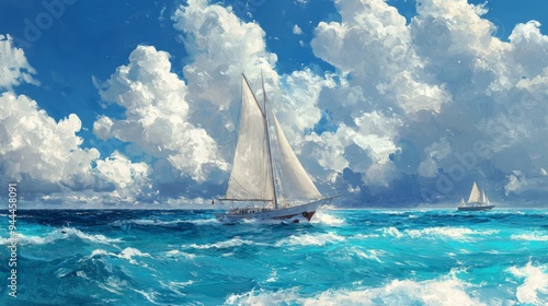 Sailing Boat on Turquoise Sea with Dramatic Clouds