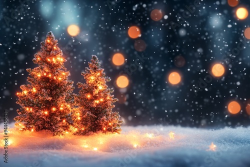 In the dark sky at night, a Christmas tree, snowflakes, and magic bokeh lights glow in winter forest. A new year's holiday in a winter wonderland. Xmas greeting card background and wallpaper.