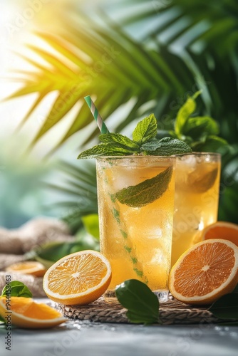 Refreshing citrus drinks paired with tropical flowers and fresh fruit on a te...