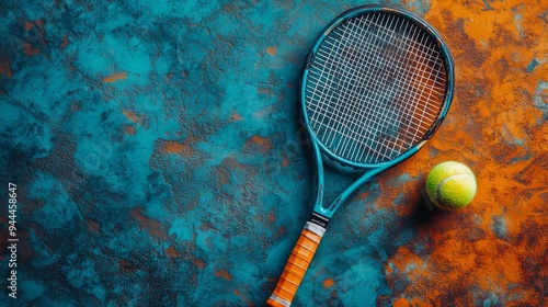 A tennis racket and ball resting on a vibrant blue and orange textured surfac...