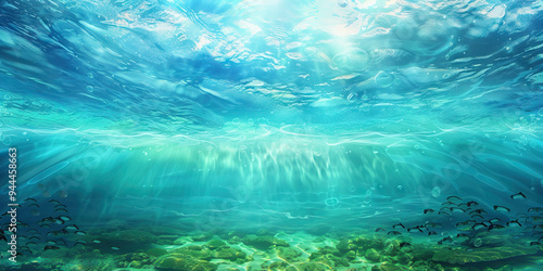 An abstract underwater scene in aquatic blues and greens enhances a poolside or beach setting.