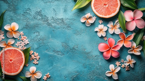 Colorful fruit and refreshing drinks arranged artistically on a wooden table ...