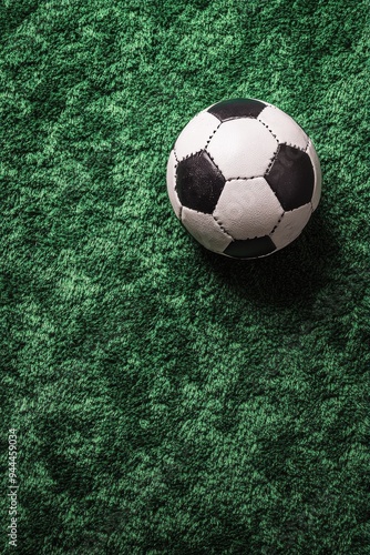Old black and white soccer ball resting on vibrant green grass against a blue...