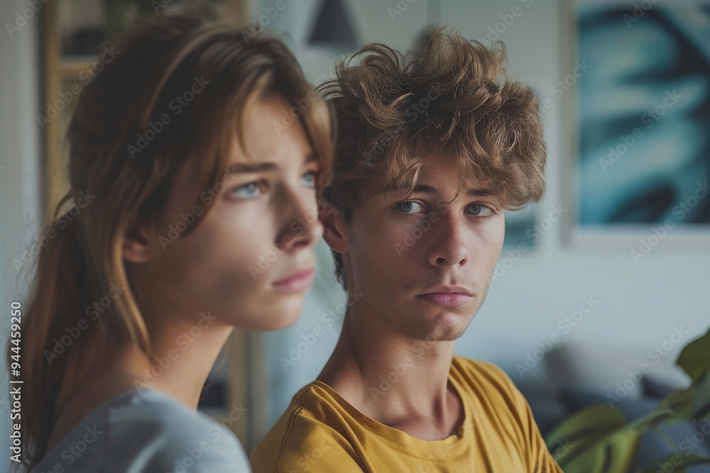 Portrait of unhappy couple at home. Annoyed and tired young woman and man are keeping silent and ignoring each other after quarrel, reflecting family crisis and stress of potential breakup Portrait of unhappy couple at home. Annoyed and tired young woman and man are keeping silent and ignoring each other after quarrel, reflecting family crisis and stress of potential breakup