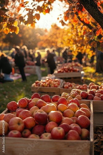 Autumn apple harvest festival with abundant fruit baskets under trees in a su...