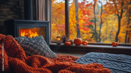 Cozy autumn afternoon in a rustic home with colorful trees outside the window