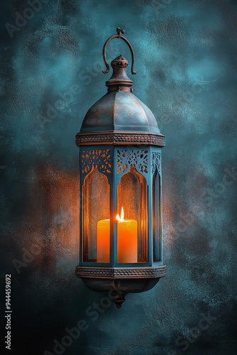 Vintage brass lantern glowing warmly against a dark blue textured background