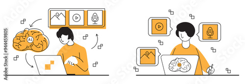 person engaging with the AI interface on the laptop. Multimedia icons are displayed in speech bubbles, emphasizing the active processing and interaction with different types of digital content