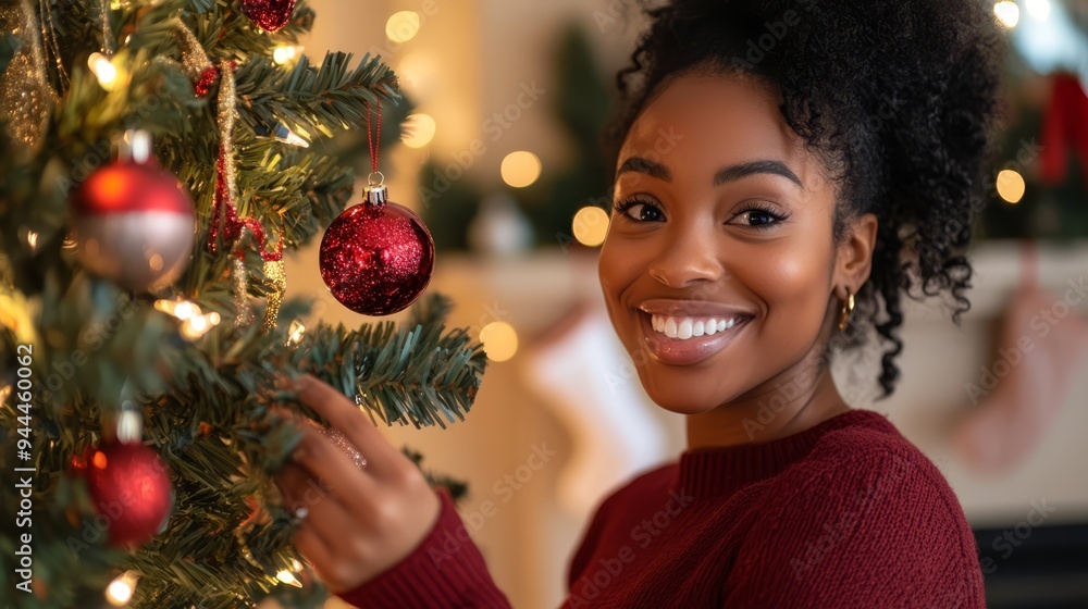 African American woman joyfully decorating a Christmas tree at home African American woman joyfully decorating a Christmas tree at home