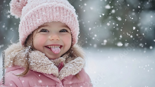 A little girl in a pink snowsuit and woolen hat, smiling as she catches snowflakes on her tongue in a snowy park