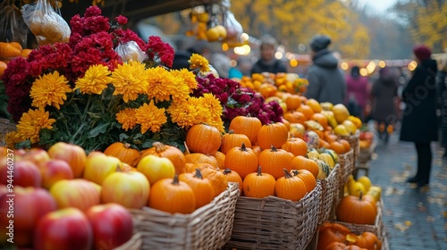 Vibrant autumn farmers market bustling with visitors and colorful produce in ...