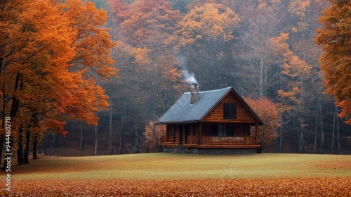 Cozy cabin surrounded by vibrant autumn foliage in the woods at dusk