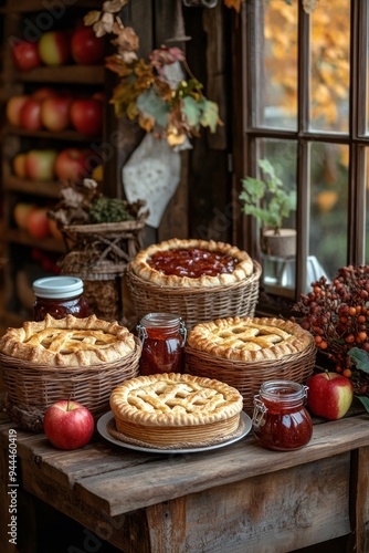 Autumn harvest display with freshly baked pies and jars of preserves on a rus...