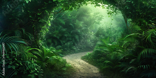 Fototapeta Naklejka Na Ścianę i Meble -  A dense jungle canopy towering above a winding dirt path, its leaves and vines casting dappled shadows on the ground below.