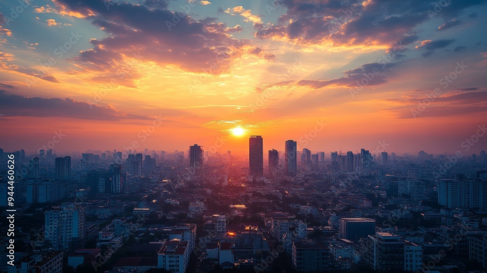 Fototapeta premium Epic Urban Sunset Over City Skyline