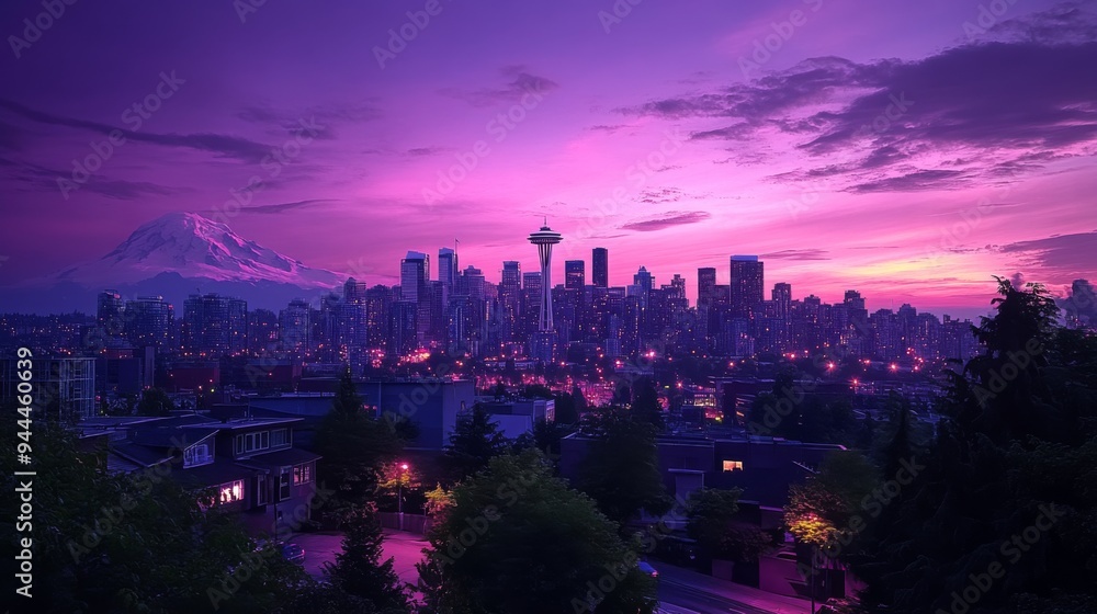 Fototapeta premium Vibrant Seattle Skyline at Sunset