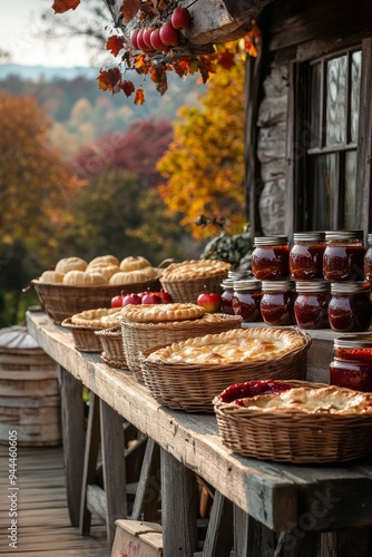 Autumn harvest display with freshly baked pies and jars of preserves on a rus...