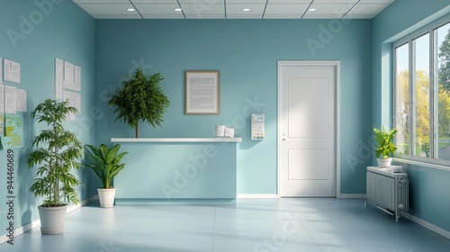 Bright and modern hospital hallway with patient rooms and decorative plants i...