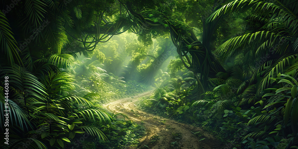 Fototapeta premium A dense jungle canopy towering above a winding dirt path, its leaves and vines casting dappled shadows on the ground below.