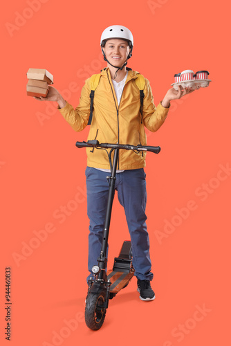 Male courier with coffee, f...