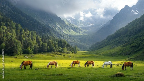 Gentle horses grazing in a tranquil mountain valley perfect for depicting serene rural and countryside settings
