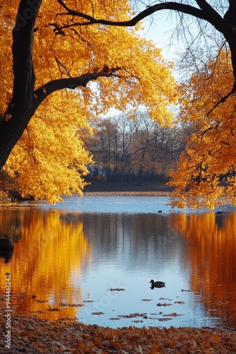Tranquil autumn reflection in a serene lake surrounded by vivid orange trees