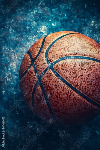 Close-up of a basketball resting on a textured surface with dramatic lighting...