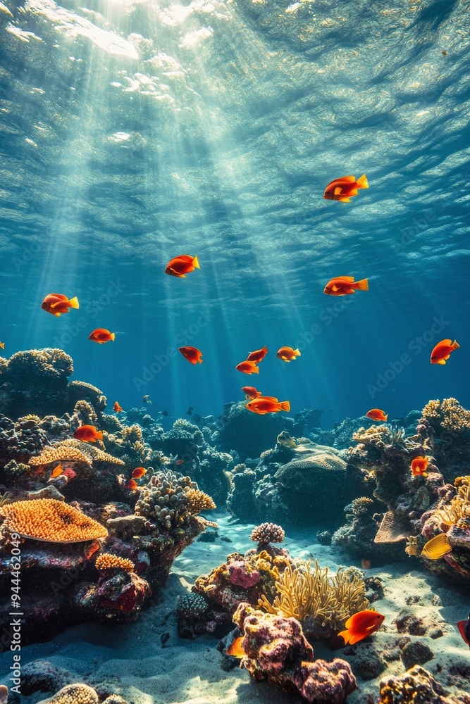Vibrant underwater scenery of coral reefs illuminated by sunlight in a tropical sea Vibrant underwater scenery of coral reefs illuminated by sunlight in a tropical sea