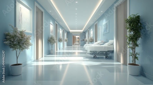Bright and modern hospital hallway with patient rooms and decorative plants i...