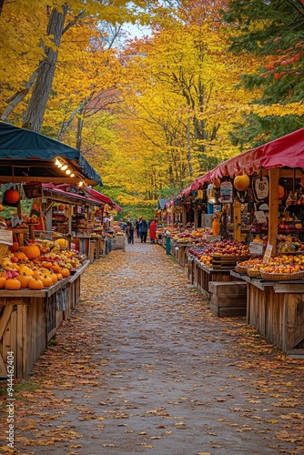 Autumn festival with pumpkins and colorful leaves at a market in the countryside