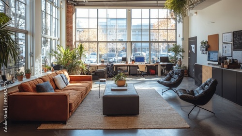 Spacious library interior filled with plants, natural light, and students stu...
