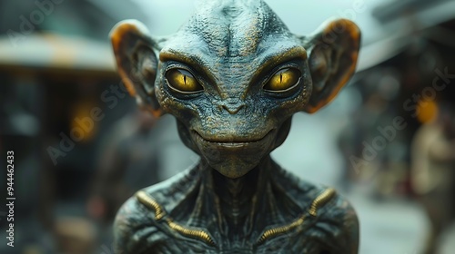 A close-up portrait of a small, humanoid alien creature with large, yellow eyes and wrinkled skin. The creature is standing in front of a blurry background of a city street.