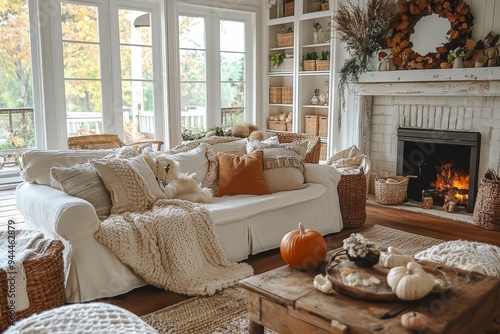 Cozy autumn living room with pumpkin decor and warm fireplace in a modern home