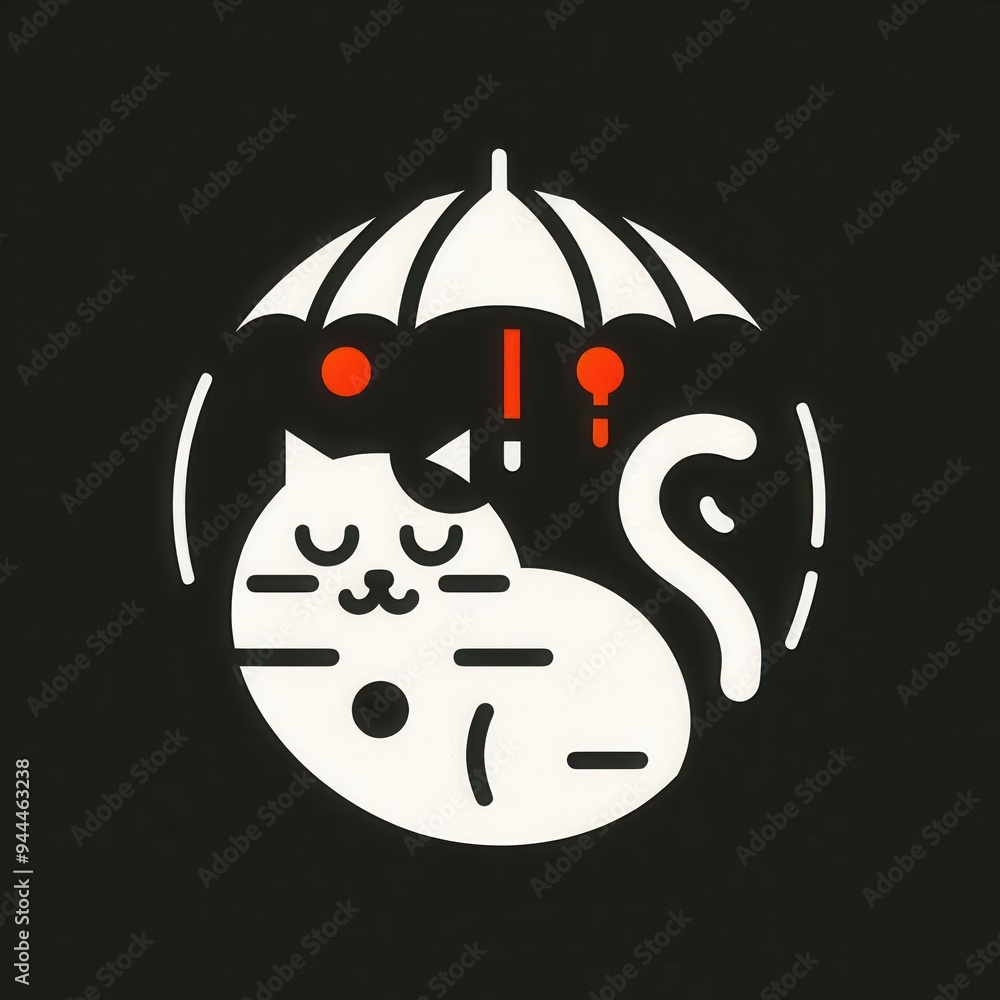 A playful illustration of a serene cat resting under an umbrella, perfect for pet-related businesses, merchandise, or cozy home decor. A playful illustration of a serene cat resting under an umbrella, perfect for pet-related businesses, merchandise, or cozy home decor.