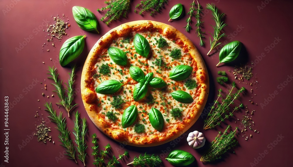 A delicious pizza topped with fresh basil, surrounded by herbs and garlic, perfect for food-related projects, menus, or culinary promotions. A delicious pizza topped with fresh basil, surrounded by herbs and garlic, perfect for food-related projects, menus, or culinary promotions.