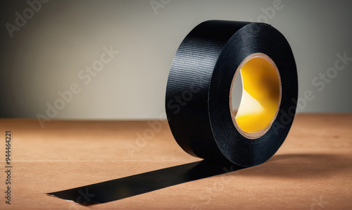 A roll of black tape sits on a wooden surface, with a long strip of tape unrolled, creating a straight line photo