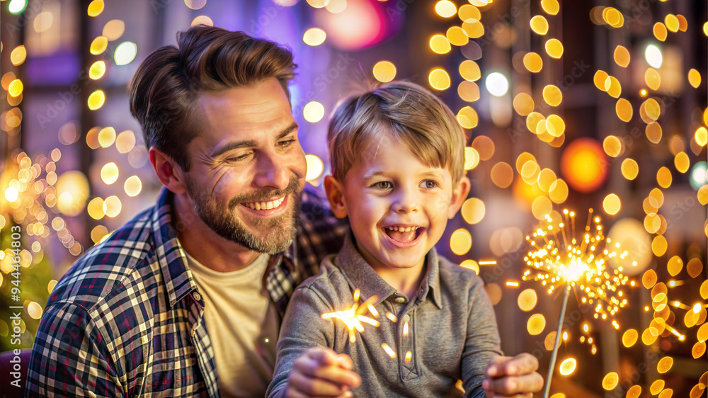 happy father and son with sparklers on christmas lights at home happy father and son with sparklers on christmas lights at home