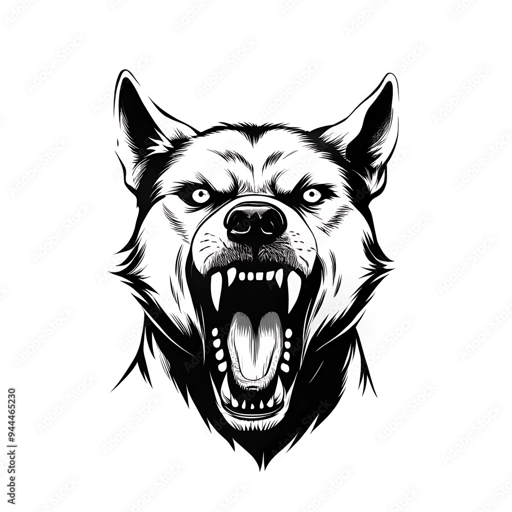 Fierce Monochrome Illustration of an Aggressive Wolf with Bared Teeth, Bold Line Art Fierce Monochrome Illustration of an Aggressive Wolf with Bared Teeth, Bold Line Art