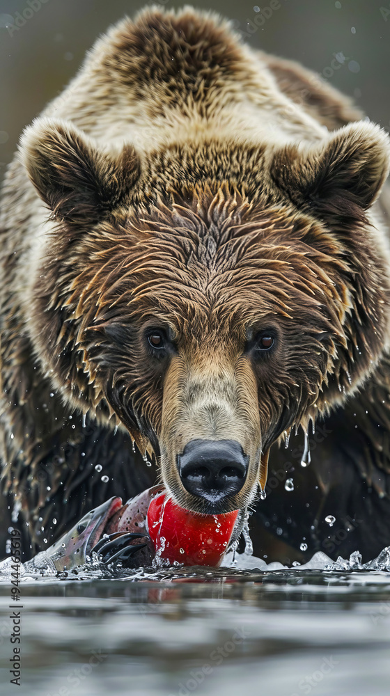 Grizzly bear with salmon in mouth hunting in river Grizzly bear with salmon in mouth hunting in river