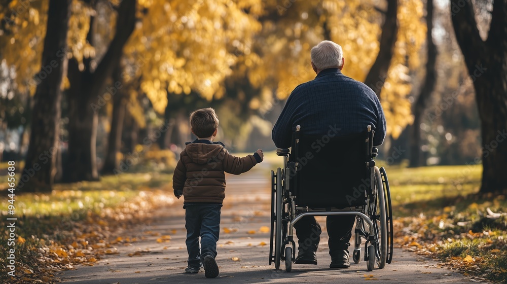 A young boy walks with his grandfather in a wheelchair through a park filled with autumn leaves during a sunny afternoon A young boy walks with his grandfather in a wheelchair through a park filled with autumn leaves during a sunny afternoon