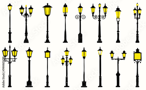 Street lamp post set vector in flat style, isolated in white background