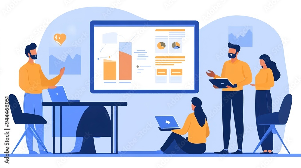 A project manager using a projector to present plans and progress updates during a team meeting A project manager using a projector to present plans and progress updates during a team meeting