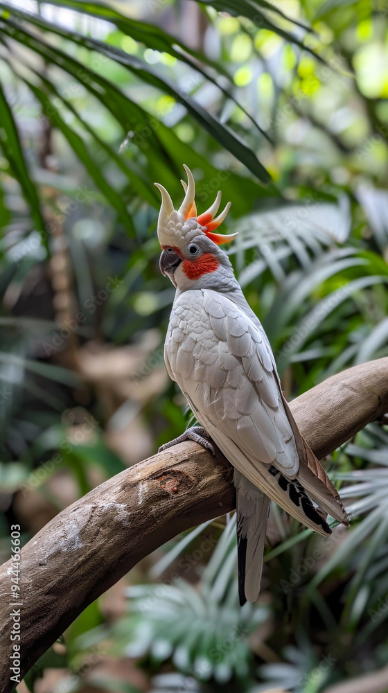 White cockatiel with bright red cheeks on branch White cockatiel with bright red cheeks on branch