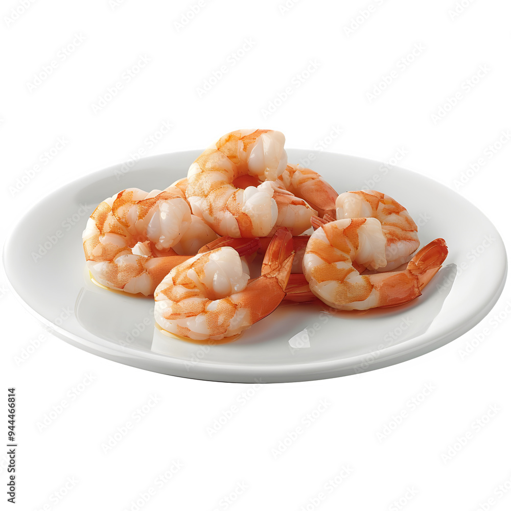 Newly prepared turkish shrimp placed on a clean white dish, set against a clear backdrop, ideal for food styling and culinary displays Newly prepared turkish shrimp placed on a clean white dish, set against a clear backdrop, ideal for food styling and culinary displays
