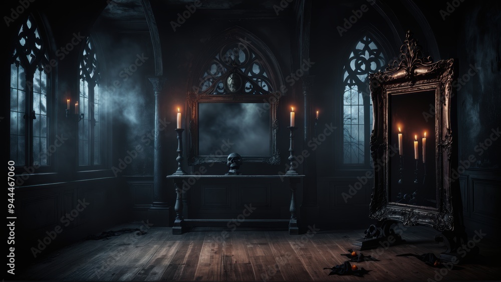 A dark room with candles and a mysterious mirror at midnight A dark room with candles and a mysterious mirror at midnight